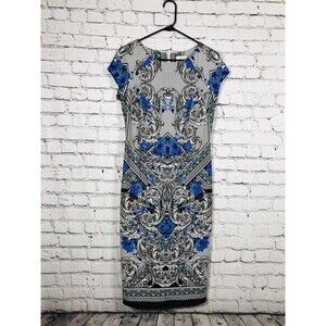 Beige by eci Women Cap Sleeve Sheath Dress Baroque Floral Graphic Blue Size 4